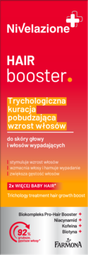 Nivelazione Hair Booster, czerwono-szare opakowanie z tekstem, widok z przodu. Trychologiczna kuracja na porost i zagęszczenie włosów.
