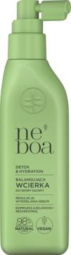 Jasnozielona butelka Neboa Detox & Hydration, balansująca wcierka do skóry głowy z pompką, 98% naturalna.