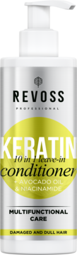 Biała butelka Revoss Professional Keratin 10 w 1 leave-in conditioner z pompką, widok z przodu, żółta etykieta.