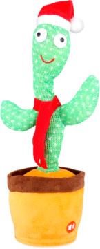 Pluszowy zielony gadający kaktus świąteczny w czapce Mikołaja i szaliku, w doniczce, widok z przodu.