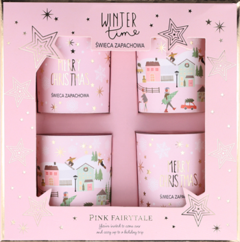Różowy zestaw upominkowy 'Winter Time' z czterema świątecznymi świecami zapachowymi w zdobionych kubkach.