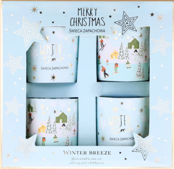 Zestaw 4 świątecznych świec zapachowych "Winter Breeze" w niebieskim pudełku z zimowymi wzorami.