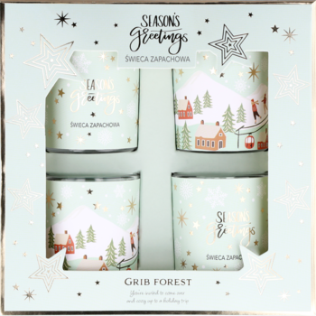 Kwadratowy zestaw 4 miętowych świec zapachowych "SEASON'S Greetings", pudełko z gwiazdkami i zimowymi ilustracjami.