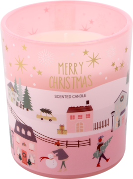 Świąteczna świeca zapachowa w różowym szkle z napisem 'Merry Christmas' i zimową scenką wioski, widok z przodu.