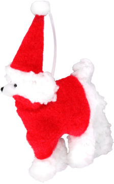 Biała pluszowa figurka psa przebrana za Świętego Mikołaja w czerwonym stroju i czapce, widok z profilu.