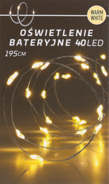 Ciepłe białe oświetlenie bateryjne 40 LED, 195 cm długości, zwinięte na ciemnym opakowaniu.