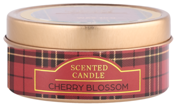 Świeca zapachowa Cherry Blossom w okrągłej puszce z czerwoną kratą, złotym wieczkiem, widok z góry.