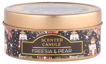 Świąteczna świeca zapachowa Freesia & Pear w okrągłej, złotej metalowej puszce z motywem dziadków do orzechów, widok z góry.