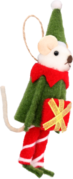 Bożonarodzeniowa mysz elf ozdobna, biała, w zielonym stroju i czerwonych pasiastych spodniach, z prezentem.