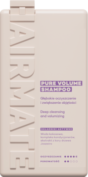 Beżowa butelka Hairmate Pure Volume Shampoo, widok z przodu, dla głębokiego oczyszczenia i objętości.