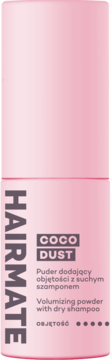 Hairmate Coco Dust puder do stylizacji w różowym opakowaniu z pionowym logo i napisami.