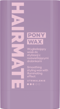 Hairmate Pony Wax, wygładzający wosk do stylizacji z drobinkami, w fioletowym sztyfcie, widok z przodu.