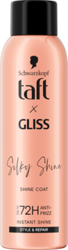 Różowy spray Taft x Gliss Silky Shine 72H Anti-Frizz do stylizacji i pielęgnacji włosów, widok z przodu.