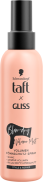 Schwarzkopf Taft x Gliss Blow-dry Volume Mist, brzoskwiniowy spray termoochronny, widok z przodu.