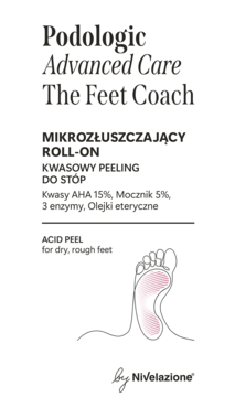 Białe opakowanie Podologic Peeling Roll-On do stóp z kwasami AHA, widok frontu, logo Nivelazione.