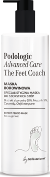 Biała butelka z czarną pompką, maska borowinowa Nivelazione The Feet Coach do stóp szorstkich, widok z przodu.