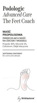 Biała etykieta maści Podologic The Feet Coach Nivelazione, z rysunkiem stopy, na odciski i modzele.
