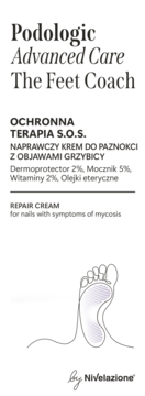 Krem Nivelazione Podologic Advanced Care na grzybicę paznokci, białe opakowanie z grafiką stopy od spodu.