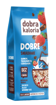 Mieszanka zbożowa Dobra Kaloria Dobre Śniadanie Quinoa, truskawki, czekolada, w niebieskiej torebce.