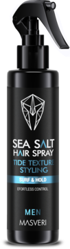 Masveri Sea Salt Hair Spray dla mężczyzn, czarna butelka z niebieskimi akcentami, trigger spray, widok z przodu.