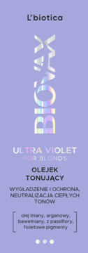 L'biotica Biovax Ultra Violet olejek tonujący do blond włosów, na fioletowym tle, z holograficznym napisem.