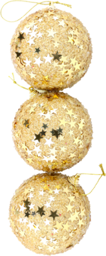 Trzy złote bombki choinkowe ze złotymi gwiazdkami i brokatem, ułożone pionowo na beżowym tle.