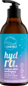 OnlyBio Hydra szampon ultra-nawilżający do suchej skóry, brązowa butelka z czarną pompką, widok z przodu.