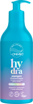 Ultrahydrating szampon OnlyBio Hair In Balance Hydra, niebiesko-fioletowa butelka z pompką, widok z przodu.