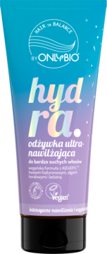 Niebiesko-fioletowa tuba OnlyBio Hydra Hair In Balance odżywka ultra-nawilżająca wegańska, widok z przodu.