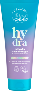Hair in Balance OnlyBio hydra odżywka ultranawilżająca do włosów suchych w niebiesko-fioletowej tubce, widok z przodu.