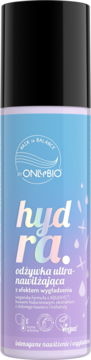 Hair In Balance OnlyBio Hydra odżywka ultranawilżająca, butelka gradientowa niebiesko-fioletowa, widok z przodu.
