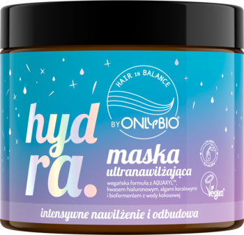 OnlyBio Hydra maska ultranawilżająca do włosów w fioletowo-niebieskim słoiku, widok z przodu, z kwasem hialuronowym.