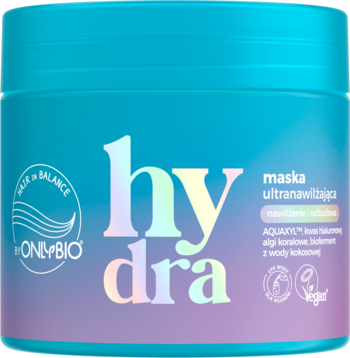 Hair In Balance OnlyBio Hydra maska ultranawilżająca, turkusowy słoik z irydowym napisem, widok z przodu.