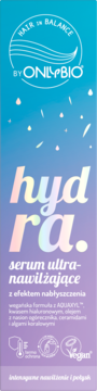 Serum do włosów OnlyBio Hair in Balance Hydra, ultra-nawilżające i nabłyszczające, niebiesko-fioletowe opakowanie.