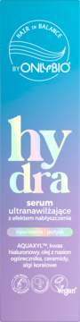 Hair In Balance by OnlyBio hydra serum ultranawilżające z efektem nabłyszczenia, niebiesko-fioletowa butelka, front.