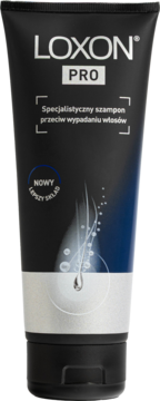 LOXON PRO szampon przeciw wypadaniu, czarno-srebrna tubka, widok z przodu, z grafiką włosa i napisem 'NOWY LEPSZY SKŁAD'.