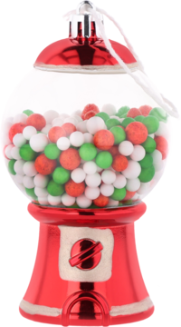 Czerwona, błyszcząca zawieszka choinkowa w kształcie maszyny do cukierków, z białymi, czerwonymi i zielonymi drażetkami.