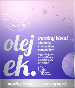 Fioletowe pudełko OnlyBio olejek mroźny blond, wygładzająco-rozświetlający, neutralizuje żółte tony, widok z przodu.