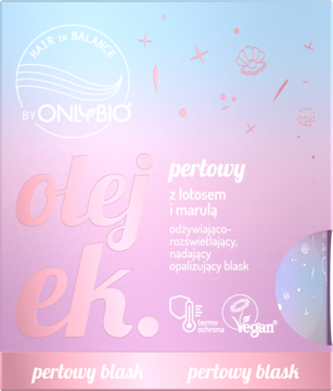 OnlyBio Hair In Balance, perłowy olejek do włosów z lotosem i marulą na różowo-błękitnym tle, widok z przodu.