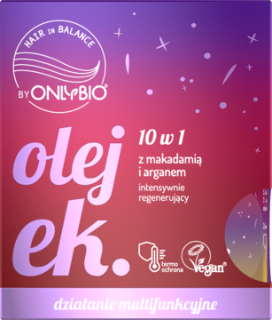 Fioletowo-czerwone opakowanie olejku OnlyBio Hair In Balance 10w1 z makadamią i arganem, intensywnie regenerujący.
