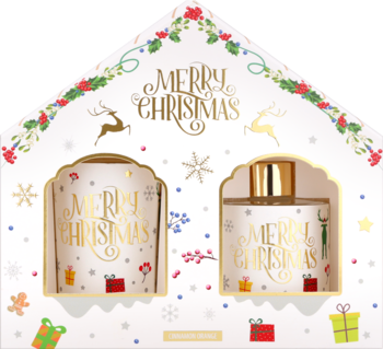 Biały zestaw prezentowy w kształcie domu, ze złotym napisem Merry Christmas, świecą i dyfuzorem.