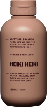Heiki Heiki Moisture Shampoo w beżowej butelce z pompką, nawilża suche włosy i wrażliwą skórę głowy. Widok z przodu.
