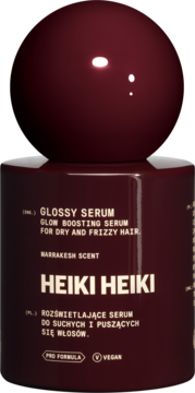 Bordowa, błyszcząca butelka Heiki Heiki Glossy Serum, wegańskie, do włosów suchych, z kulistą nakrętką. Widok z przodu.