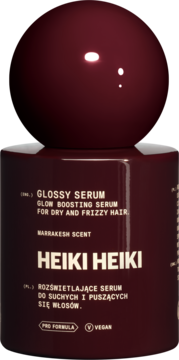 Bordowa, błyszcząca butelka Heiki Heiki Glossy Serum, wegańskie, do włosów suchych, z kulistą nakrętką. Widok z przodu.