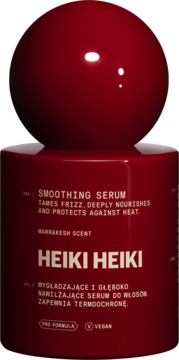 Heiki Heiki Smoothing Serum do włosów w bordowej butelce z kulistą nakrętką, widok z przodu. Wygładza i chroni.