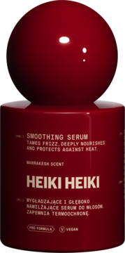 Heiki Heiki Smoothing Serum do włosów w bordowej butelce z kulistą nakrętką, widok z przodu. Wygładza i chroni.