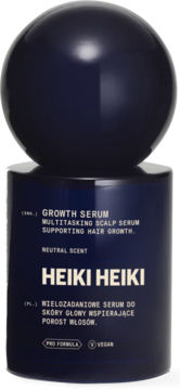 HEIKI HEIKI Growth Serum, ciemnoniebieska butelka z kulistą nakrętką, neutralny zapach, widok z przodu.
