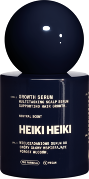 Heiki Heiki Growth Serum, wielozadaniowe serum do skóry głowy, ciemnoniebieska butelka z kulistą nakrętką, widok z przodu.