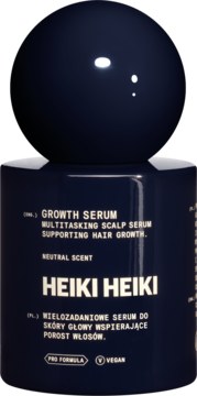 Heiki Heiki Growth Serum, wielozadaniowe serum do skóry głowy, ciemnoniebieska butelka z kulistą nakrętką, widok z przodu.