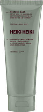 Heiki Heiki Restore Mask, zielona tuba z macadamia i ceramidami, do włosów suchych, widok z przodu.